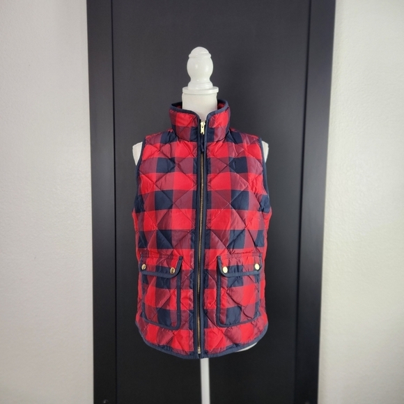 J. Crew Red & Navy Buffalo Plaid Down Puffer Vest Size Small - Picture 2 of 14